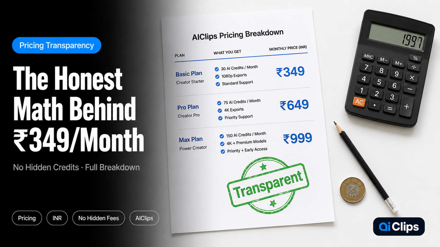 The Honest Math Behind AI Tool Pricing (How AIClips Costs ₹349/Month)