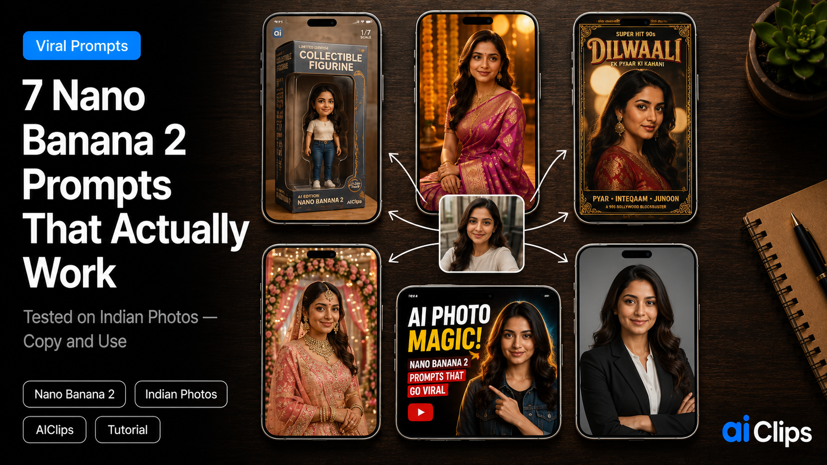 Nano Banana 2 tutorial — 7 viral AI image prompts tested on Indian photos including figurine saree Bollywood poster and headshot on AIClips