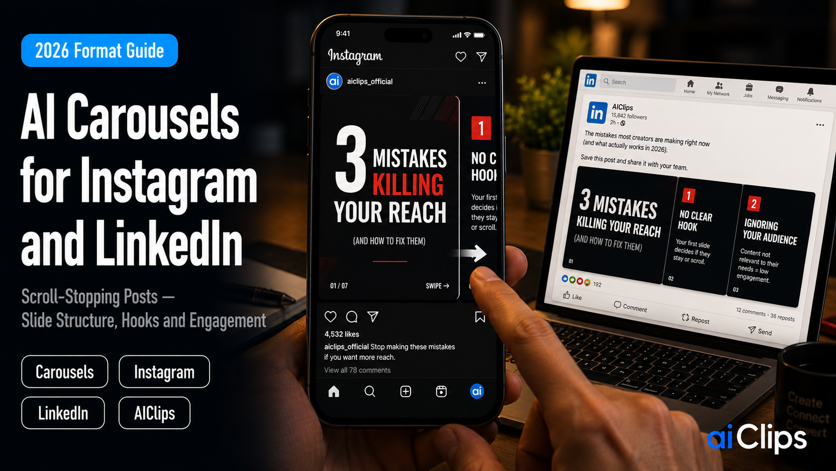 AI carousels for Instagram and LinkedIn 2026 — scroll-stopping posts with slide structure hooks and engagement guide